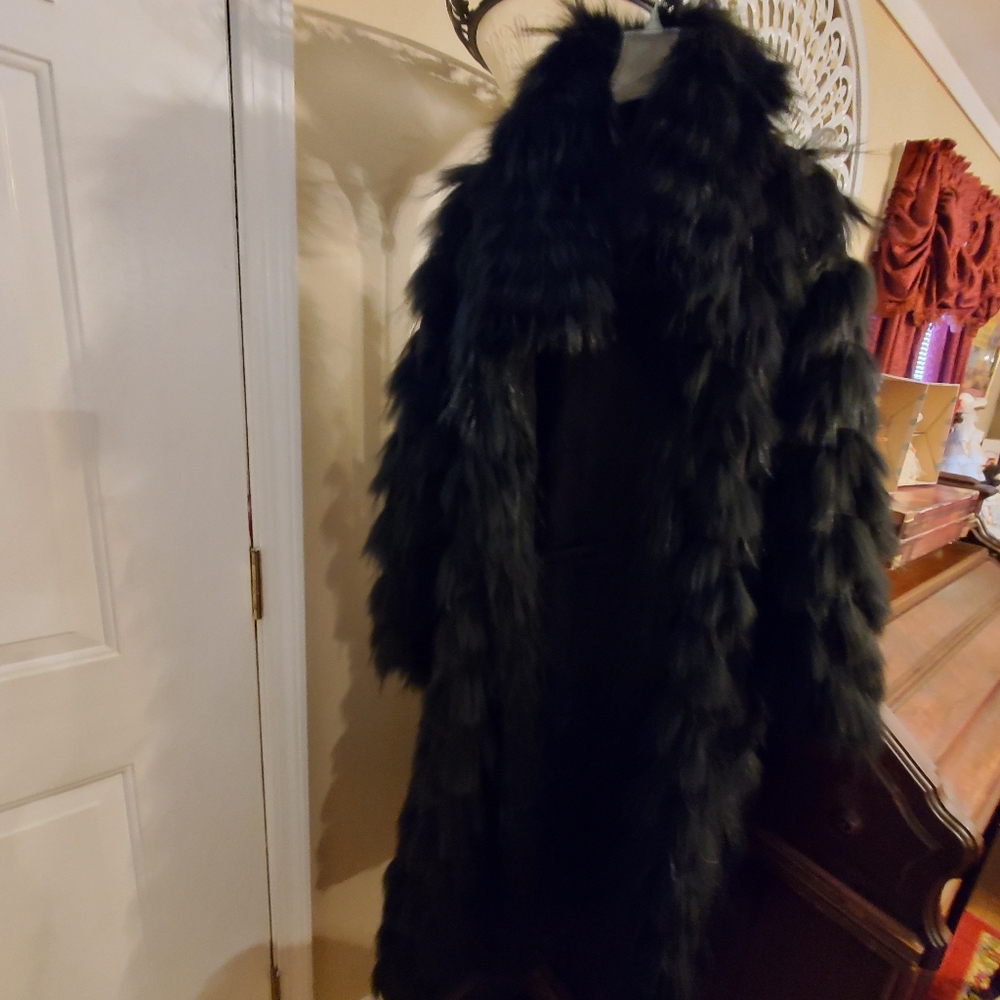 NWOT Sherry Cassin Women's REVERSIBLE Black Raccoon Fur Coat Black Fox - Picture 1 of 14